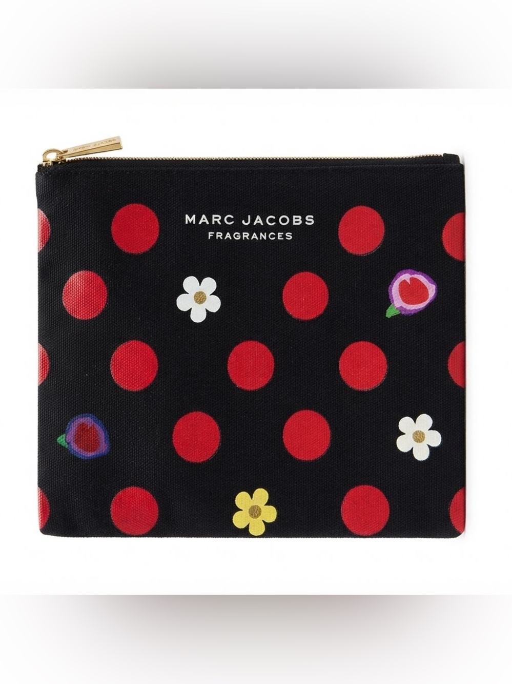 Marc Jacobs Black Red Polka Dot Floral Zip Cosmetic Pouch